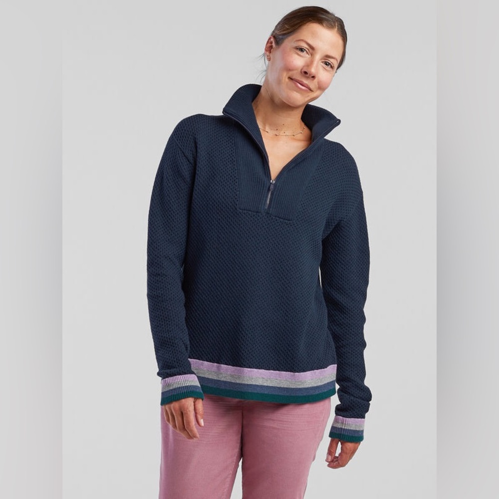 Title nine Navy Half-Zip Sweater with Pink and Teal Stripes